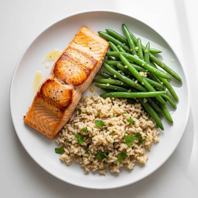 Seared Salmon with Garlic Green Beans and Herb Rice