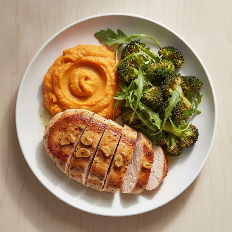 Seared Turkey Breast with Roasted Broccoli and Sweet Potato Mash
