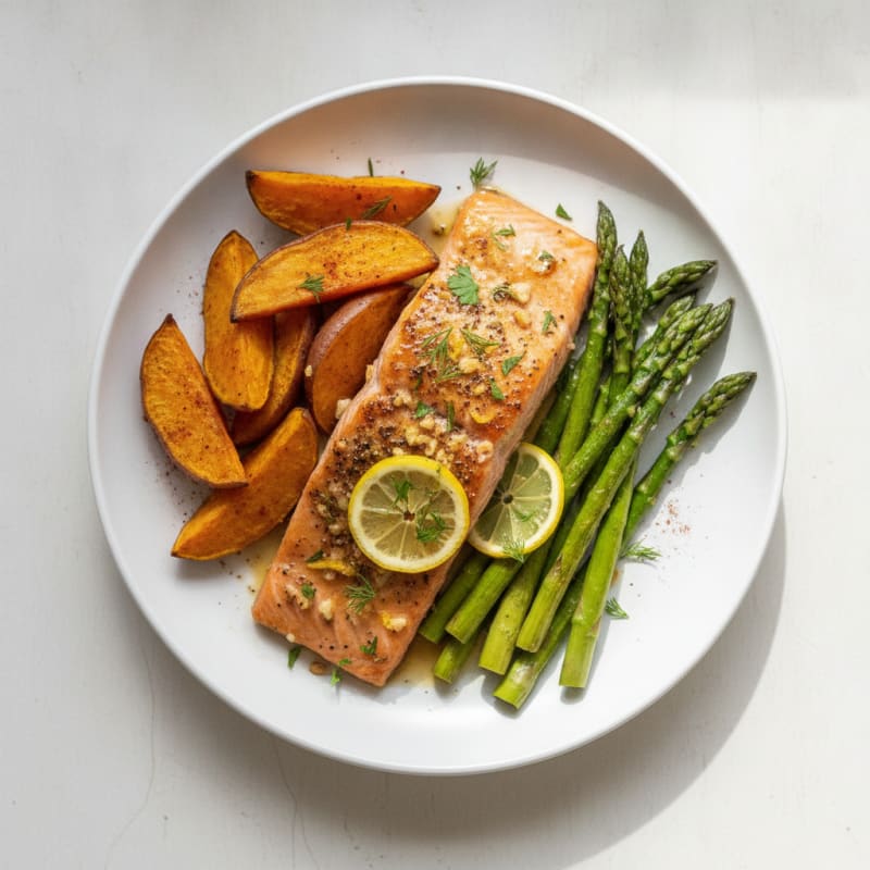 Baked Salmon with Roasted Sweet Potato and Asparagus