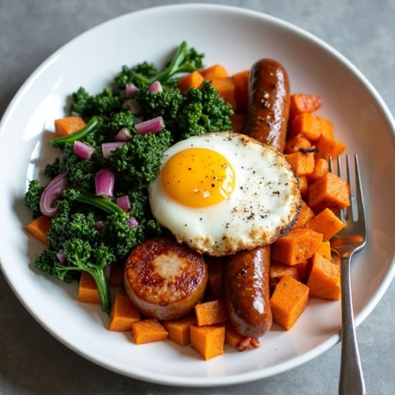 Crispy Sweet Potato Hash with Chicken Sausage and Sautéed Greens