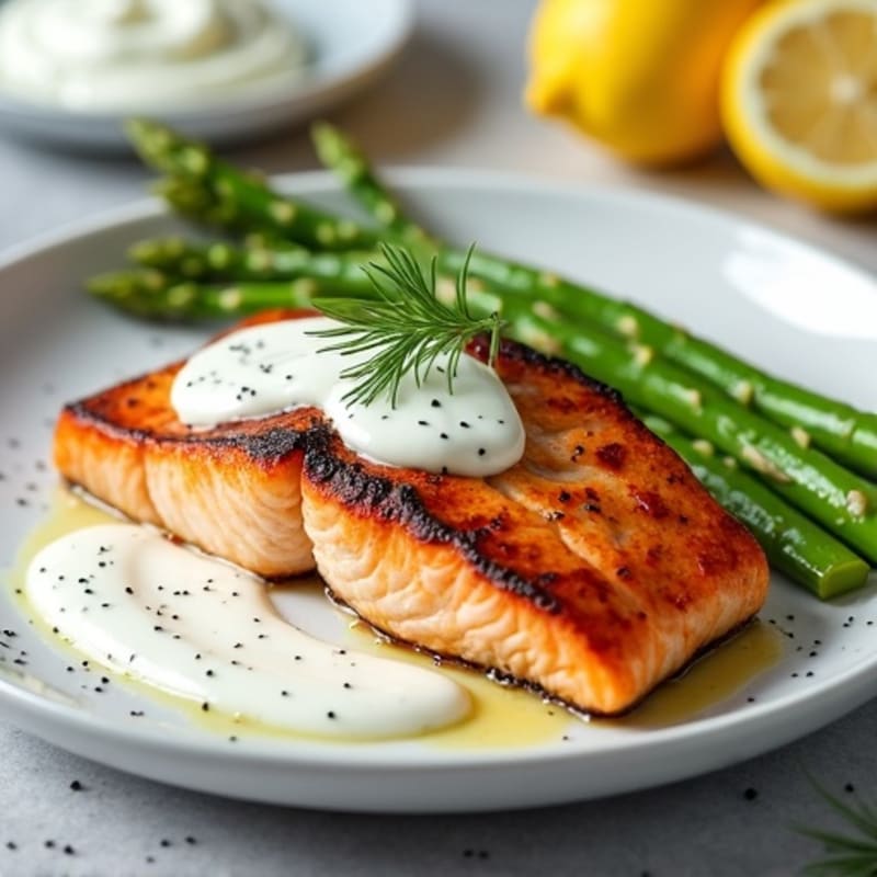 Seared Salmon Fillet with Steamed Asparagus and Lemon-Dill Yogurt Sauce