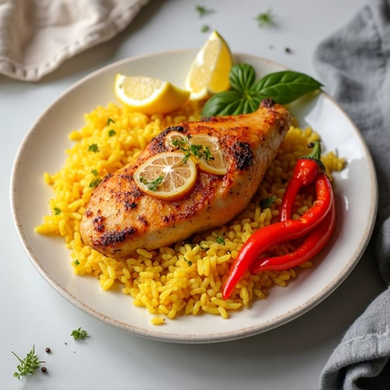 Citrus-Garlic Roasted Chicken with Flavorful Yellow Rice and Crispy Bell Peppers