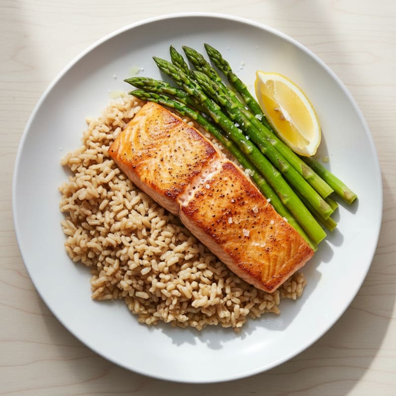 Seared Salmon Fillet with Steamed Asparagus and Brown Rice