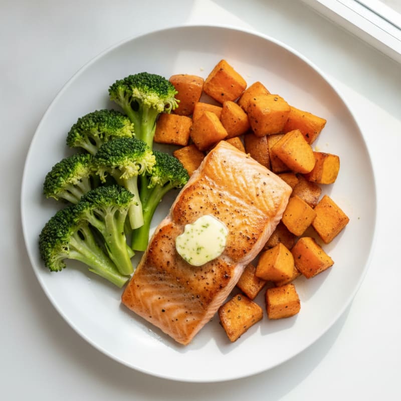 Seared Salmon with Roasted Sweet Potatoes and Steamed Broccoli
