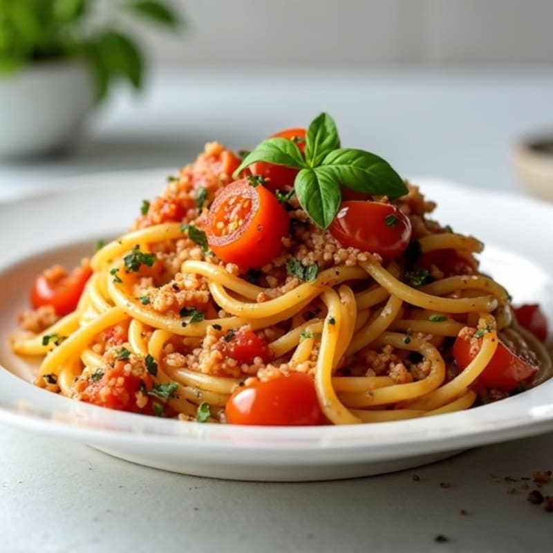 Lean Ground Turkey Spaghetti with Roasted Tomato and Zucchini Sauce