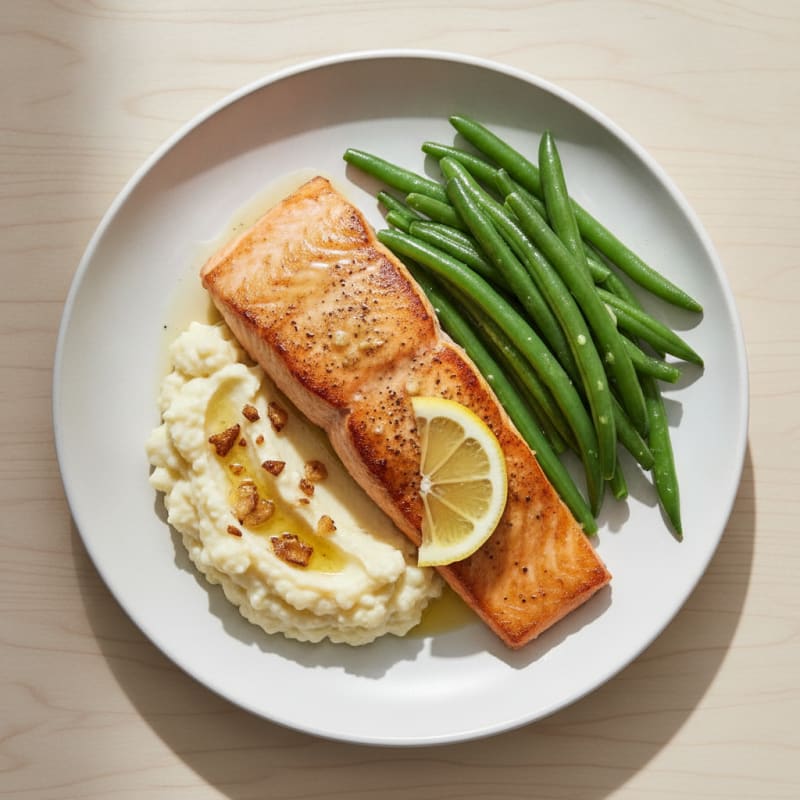 Seared Salmon with Steamed Green Beans and Garlic Mashed Cauliflower