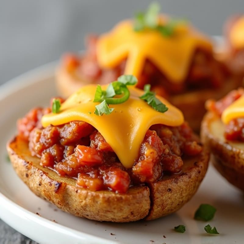 Crispy Potato Skins with Lean Turkey Chili and Melted Sharp Cheddar