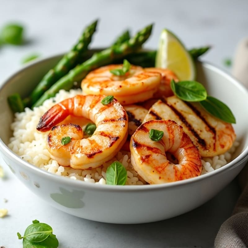 Grilled Chicken and Shrimp Rice Bowl with Asparagus and Green Beans