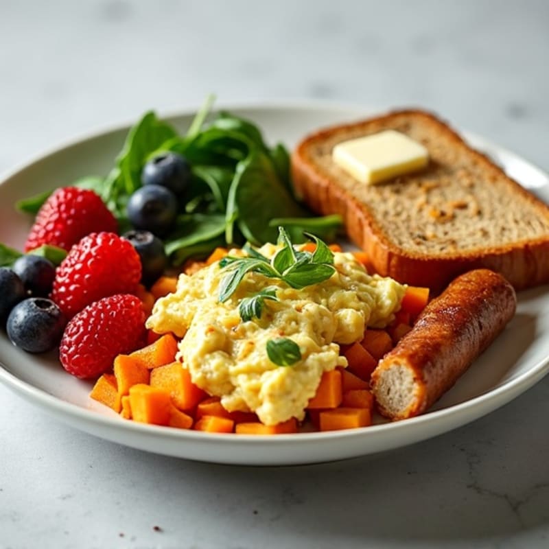Egg White and Turkey Sausage Scramble with Roasted Sweet Potatoes, Sautéed Spinach, and a Side of Mixed Berries & Toast