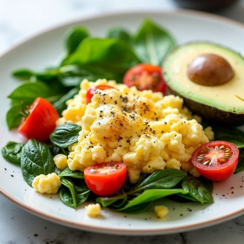 Egg White and Cottage Cheese Scramble with Spinach and Cherry Tomatoes