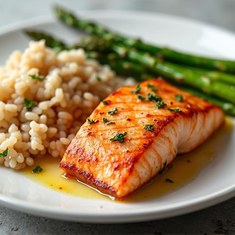 Seared Salmon with Steamed Asparagus and Brown Rice