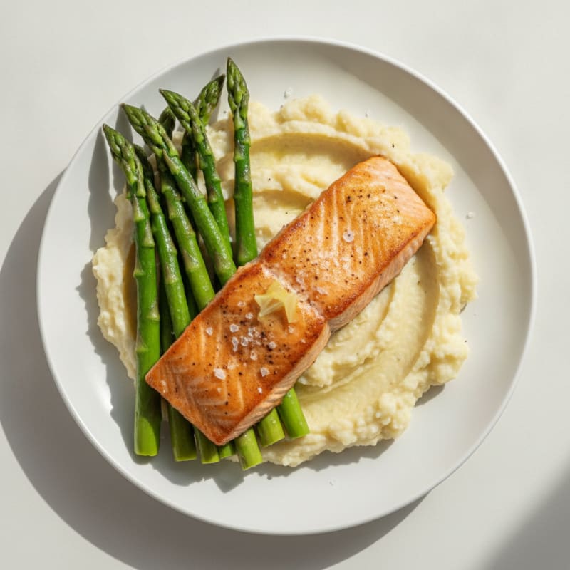 Seared Salmon with Steamed Asparagus and Garlic Cauliflower Mash