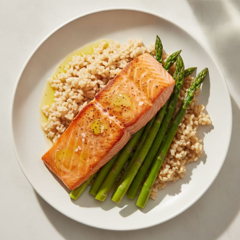 Seared Salmon Fillet with Steamed Asparagus and Brown Rice