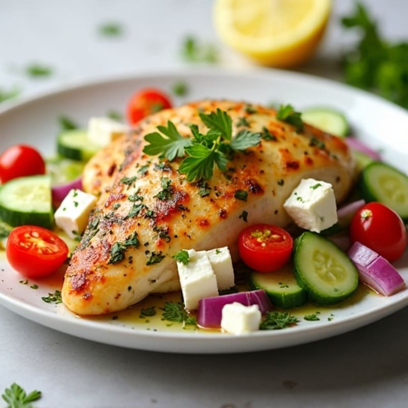 Tender Lemon-Herb Chicken with Fresh Chopped Vegetable and Feta Salad