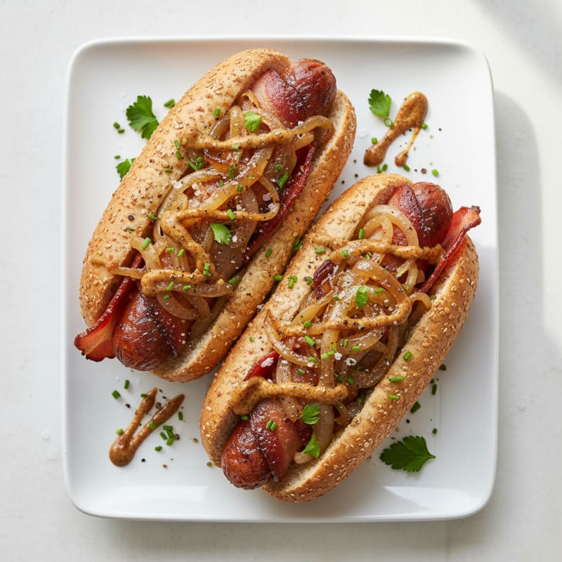 Bacon-Wrapped Hot Dogs with Caramelized Onions