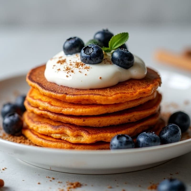 Protein-Packed Sweet Potato Pancakes with Creamy Greek Yogurt and Fresh Berries