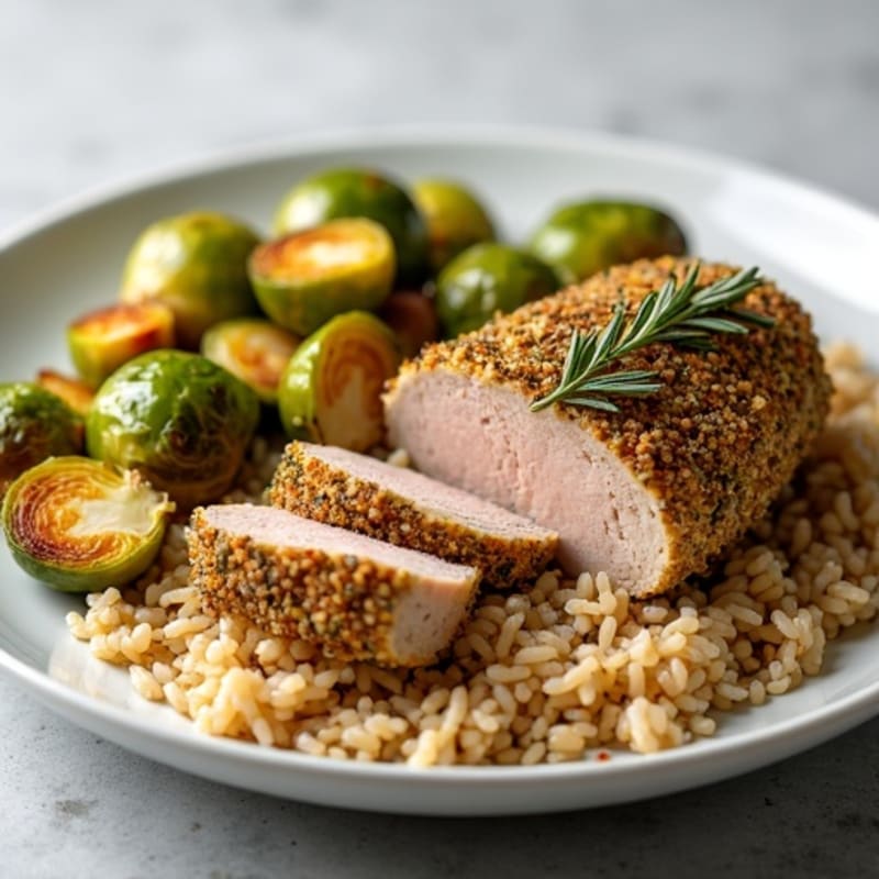 Herb-Crusted Pork Tenderloin with Roasted Vegetables and Brown Rice