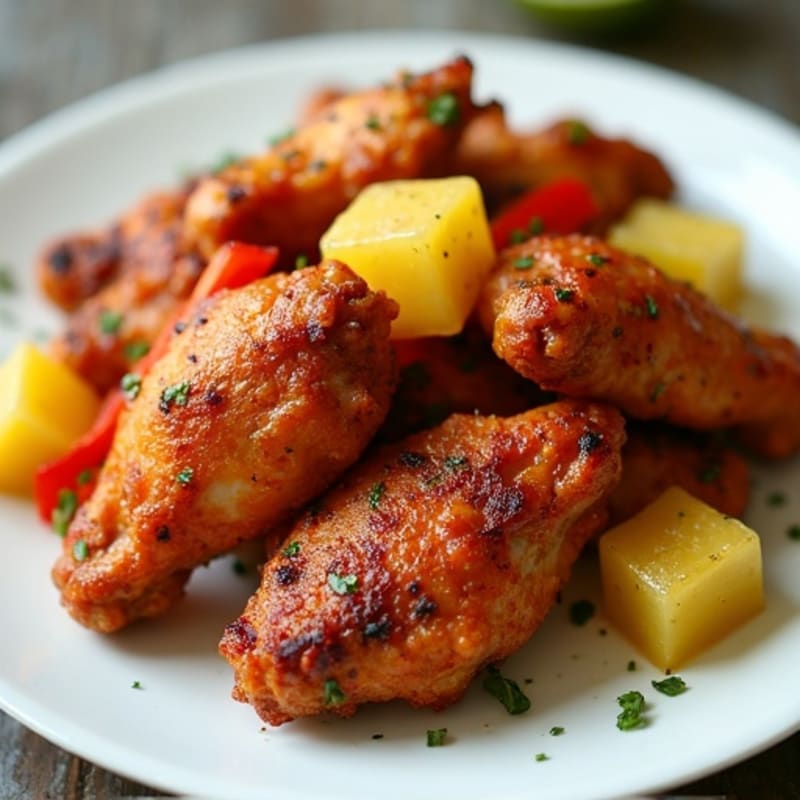 Crispy Baked Jerk Chicken Wings with Roasted Pineapple and Bell Peppers