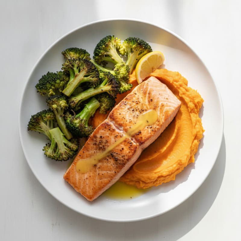Seared Salmon Fillet with Roasted Broccoli and Sweet Potato Mash