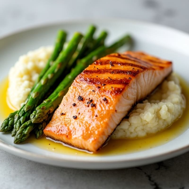 Seared Salmon Fillet with Steamed Asparagus and Cauliflower Mash