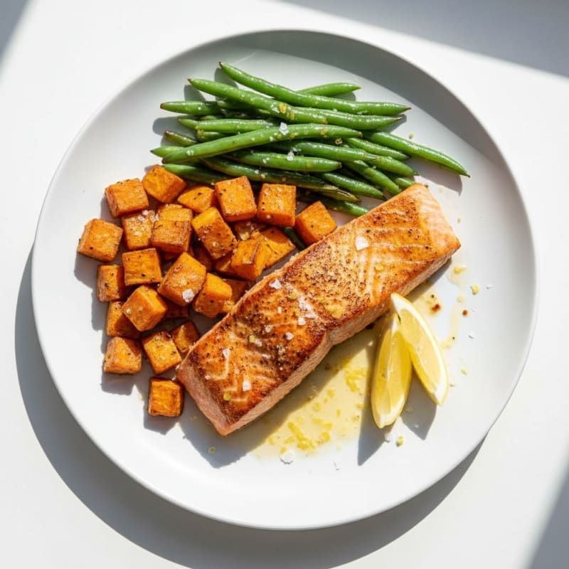 Seared Salmon Fillet with Roasted Sweet Potatoes and Green Beans