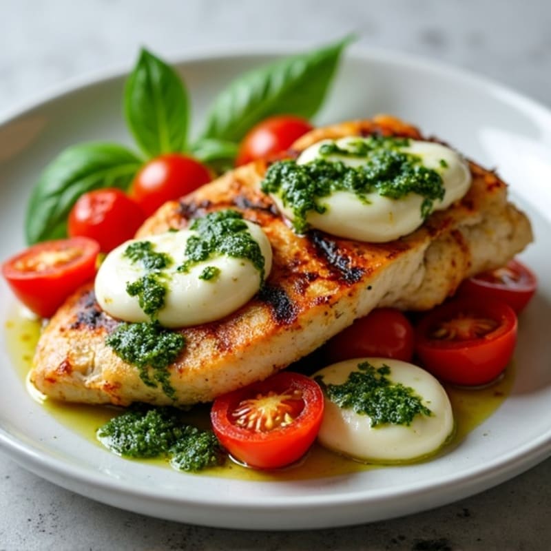 Grilled Chicken with Fresh Mozzarella, Tomatoes, and Basil Pesto
