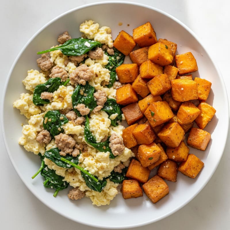 Egg White and Turkey Spinach Scramble with Roasted Sweet Potatoes