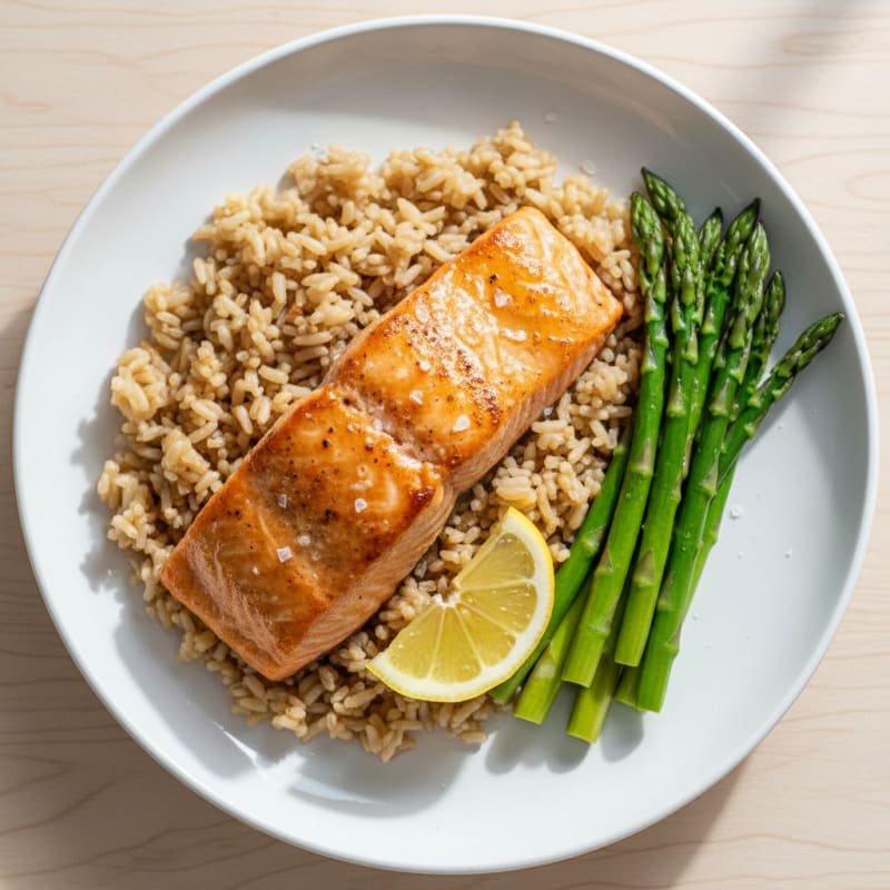 Seared Salmon Filet with Steamed Asparagus and Brown Rice