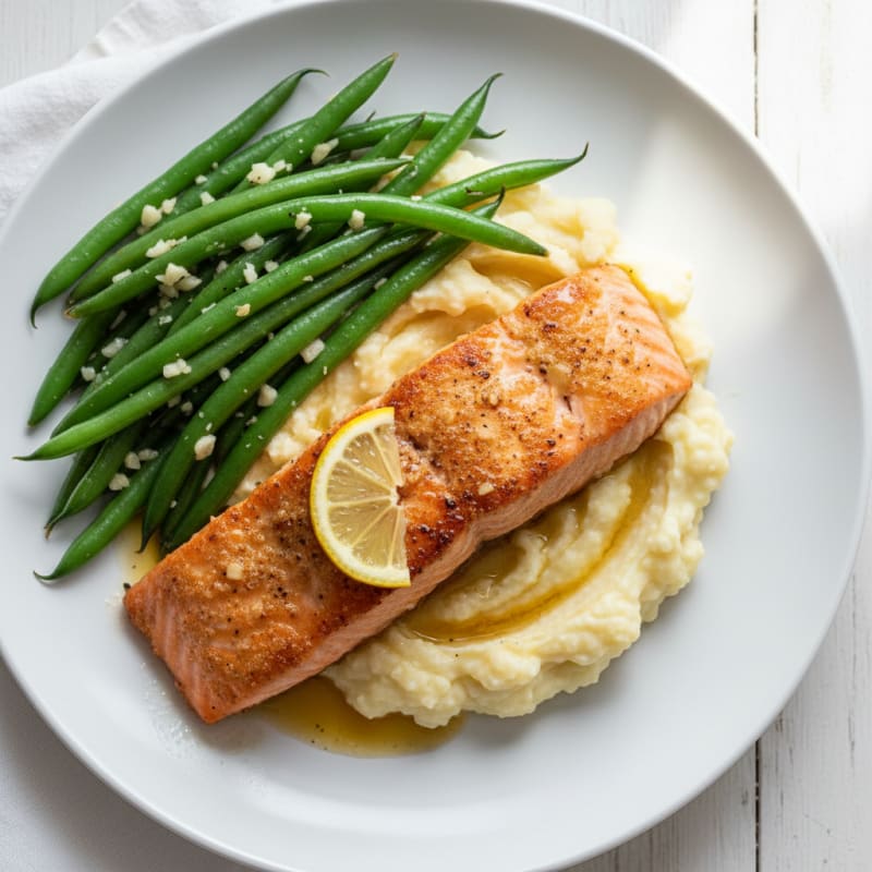 Seared Salmon with Garlic Green Beans and Mashed Cauliflower
