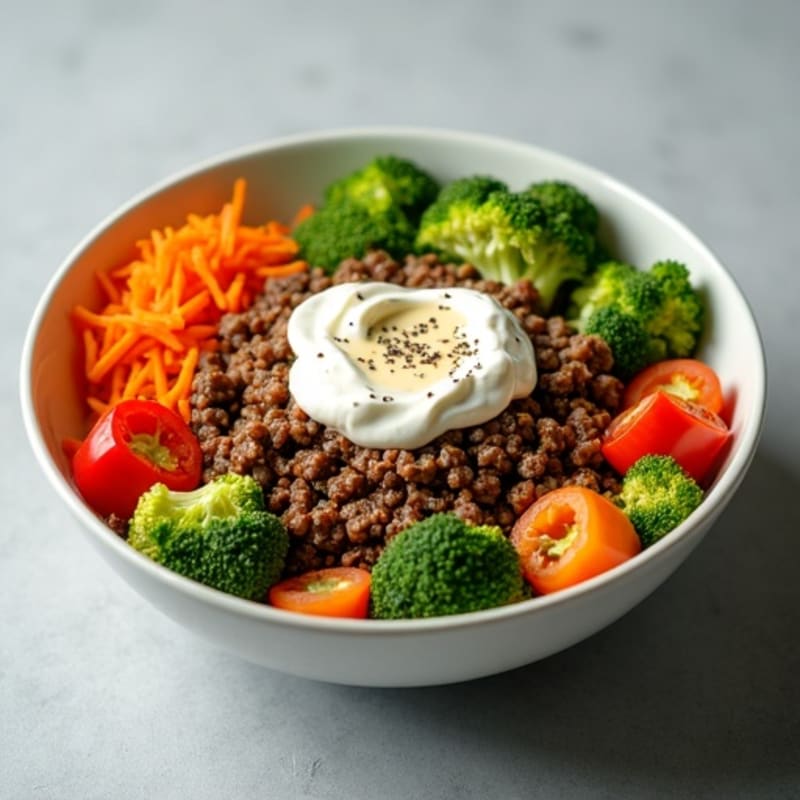 Lean Ground Beef and Crispy Veggie Bowl with Creamy Tangy Dressing