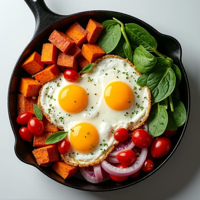 Fresh Veggie and Egg Breakfast Skillet with Crispy Sweet Potatoes