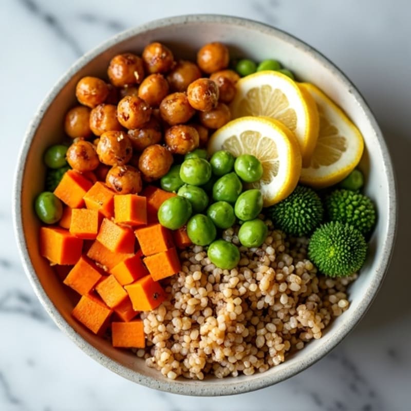 Crispy Roasted Chickpea and Sweet Potato Grain Bowl
