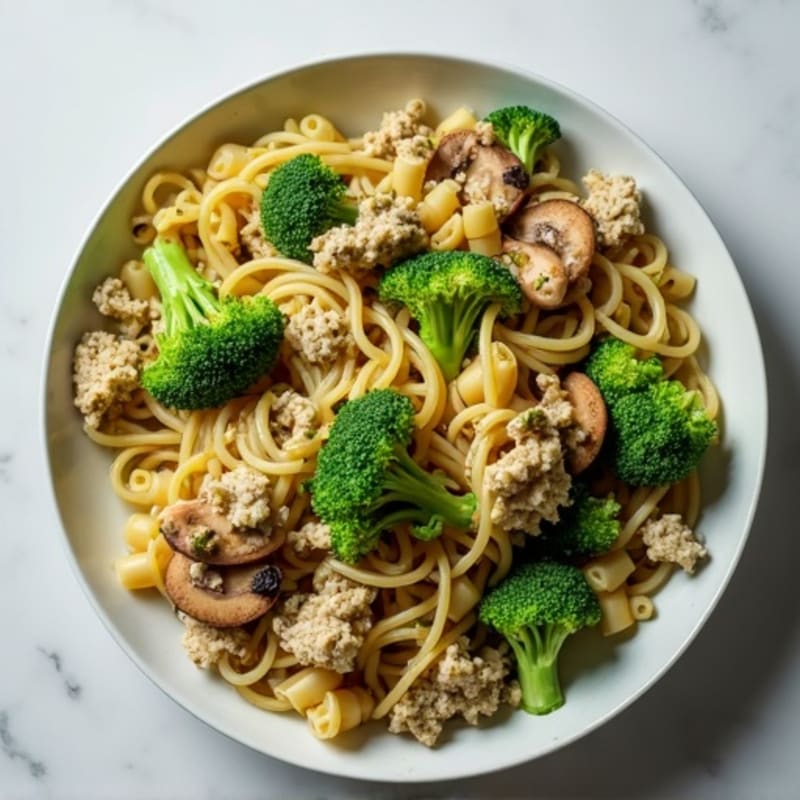Pesto Turkey Pasta with Sautéed Broccoli and Mushrooms