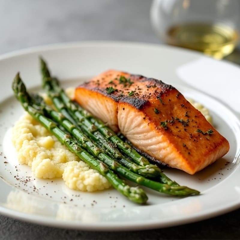 Seared Salmon with Steamed Asparagus and Cauliflower Mash