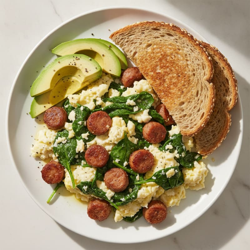 Egg White Scramble with Turkey Sausage and Spinach