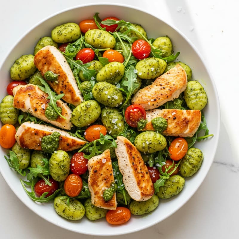 Gnocchi with Arugula Pesto and Cherry Tomatoes