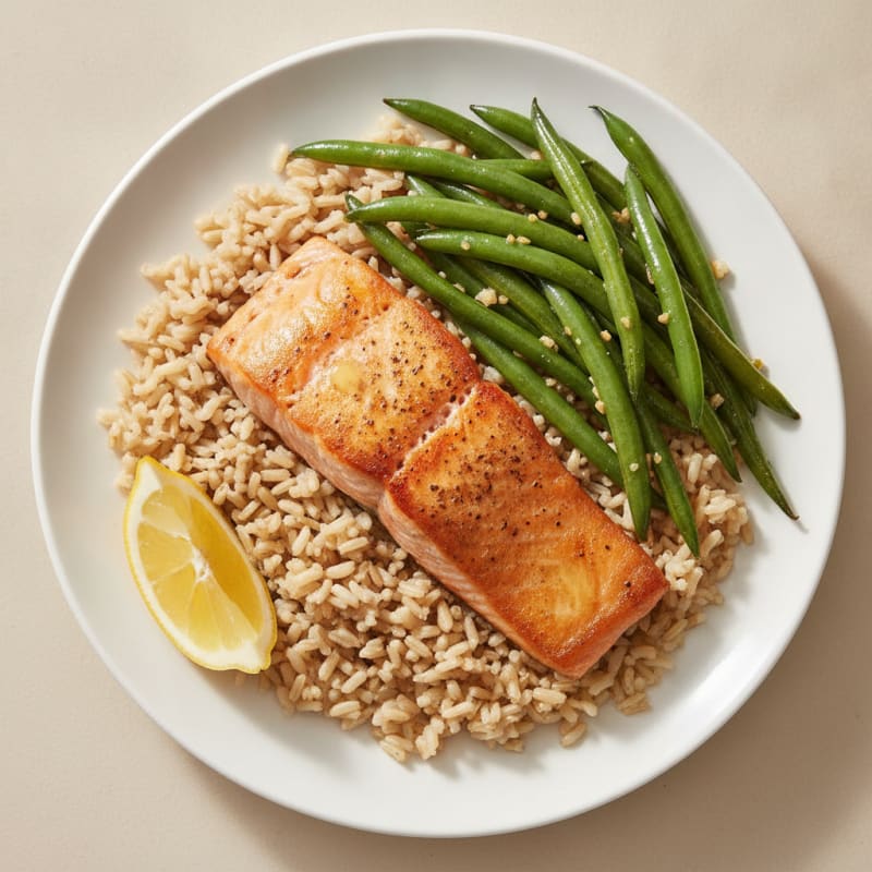 Seared Salmon with Brown Rice and Garlic Green Beans