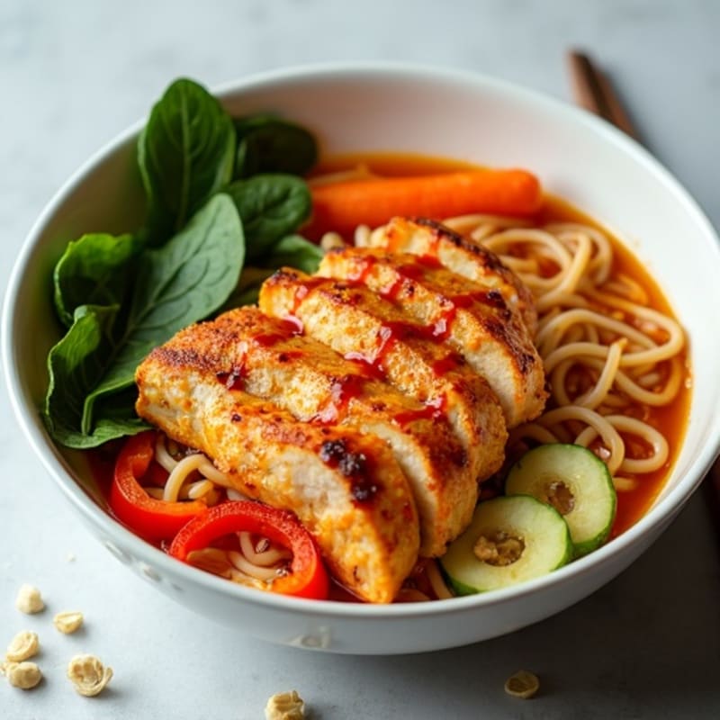 Spicy Sriracha Chicken Ramen with Fresh Vegetables