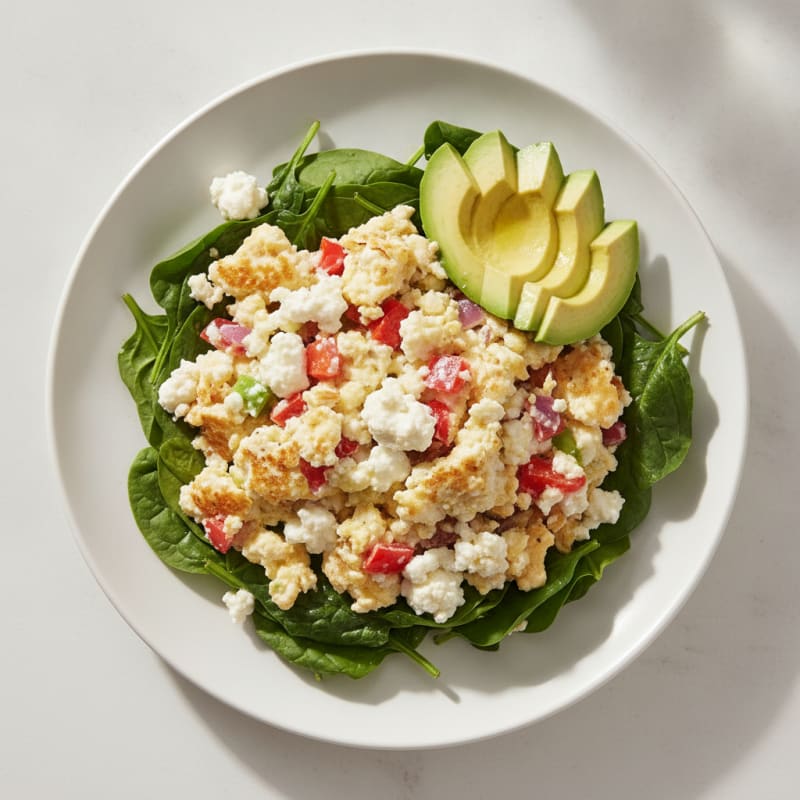 Egg White Veggie Scramble with Cottage Cheese and Sautéed Spinach
