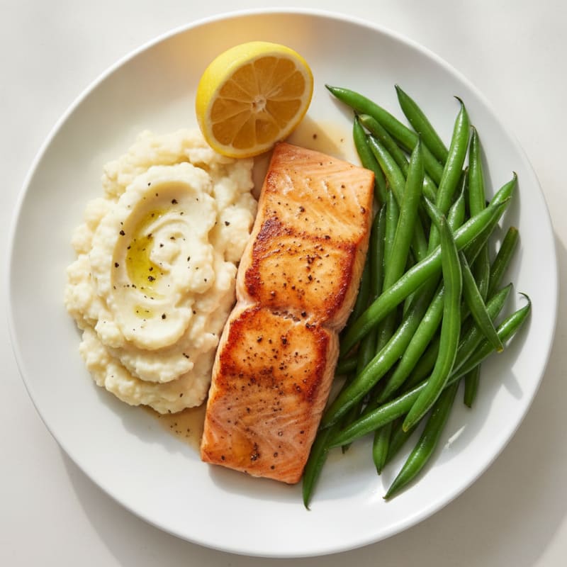 Seared Salmon with Steamed Green Beans and Garlic Mashed Cauliflower