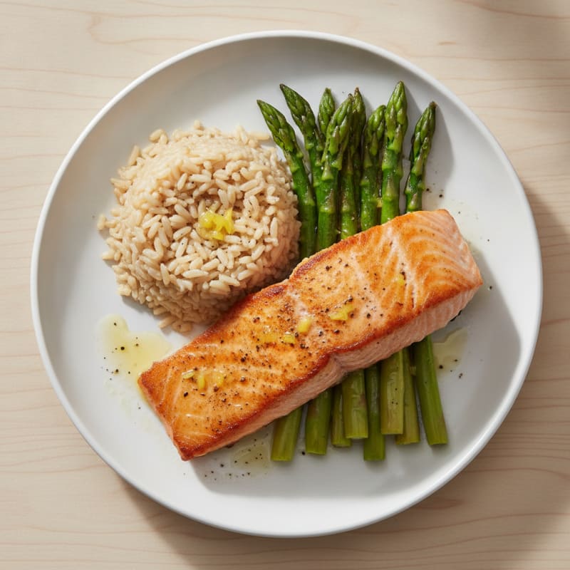 Seared Salmon with Steamed Asparagus and Brown Rice