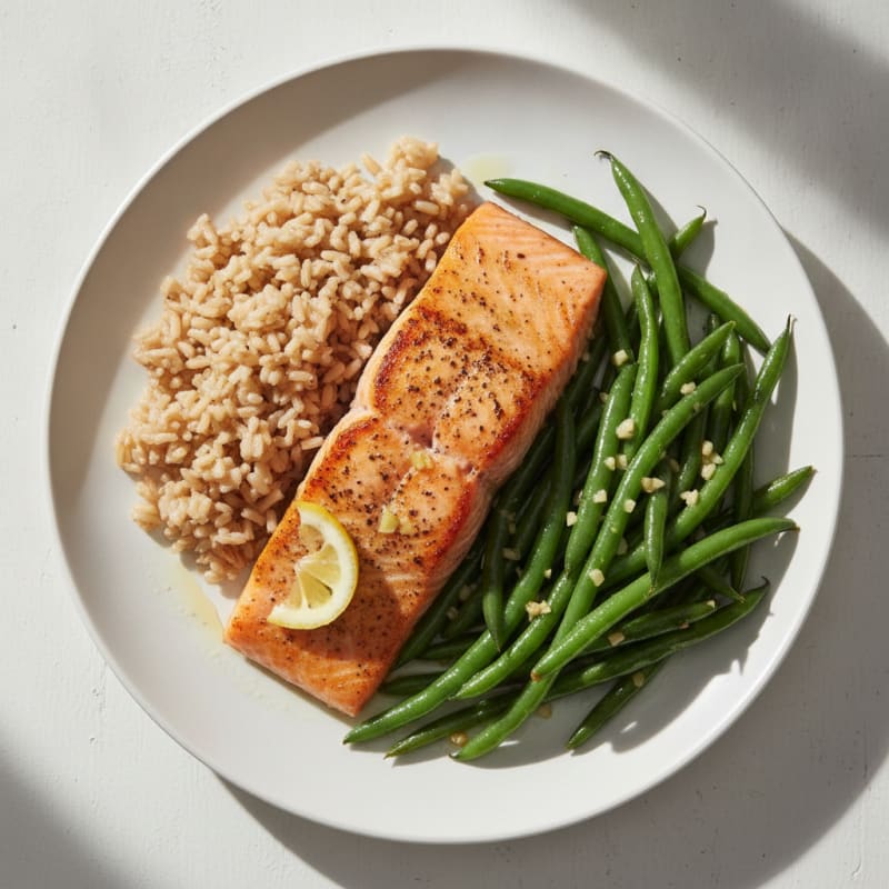 Seared Salmon Fillet with Garlic Green Beans and Brown Rice