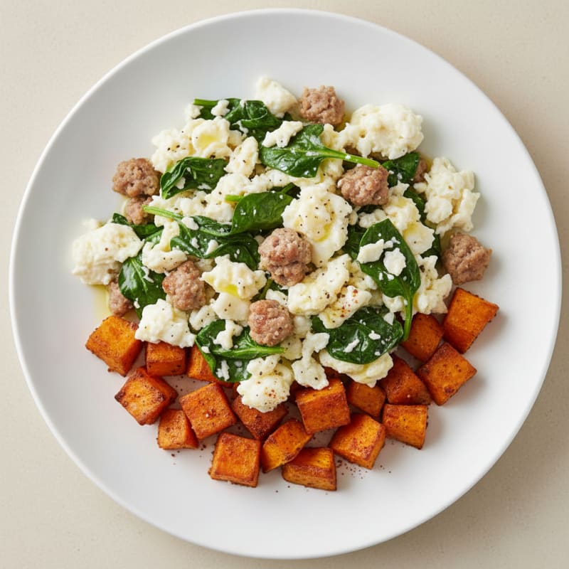 Egg White and Turkey Sausage Scramble with Spinach and Roasted Sweet Potatoes