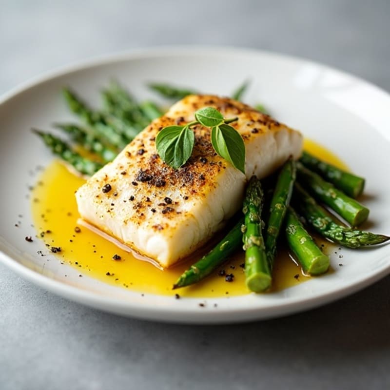 Roasted Seabass with Lemon-Garlic Asparagus