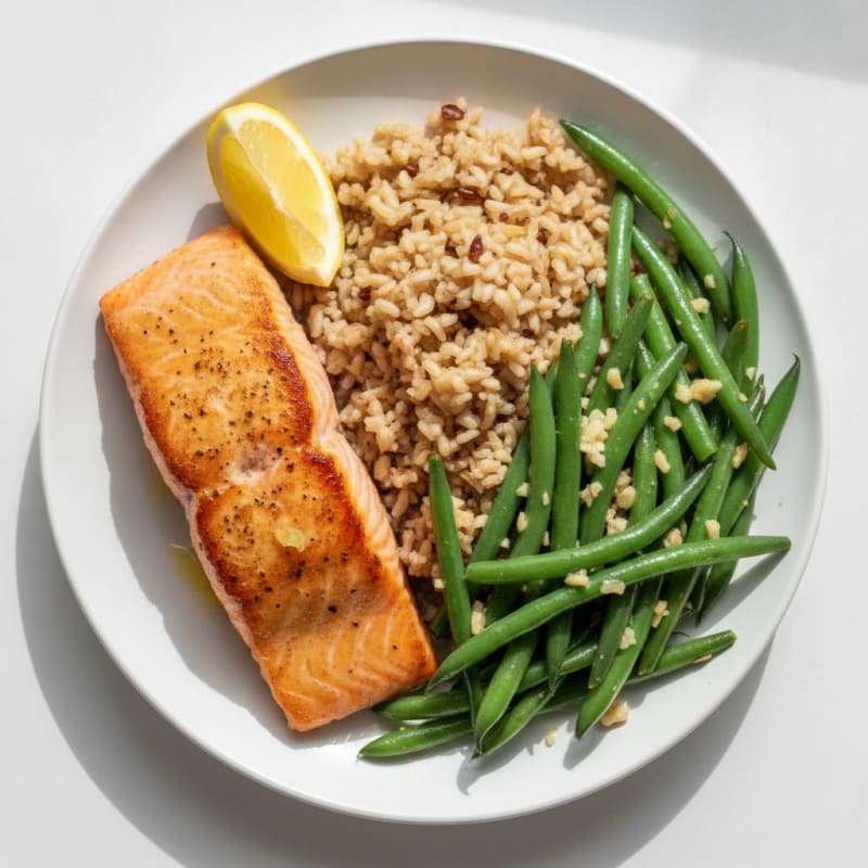 Seared Salmon with Garlic Green Beans and Brown Rice