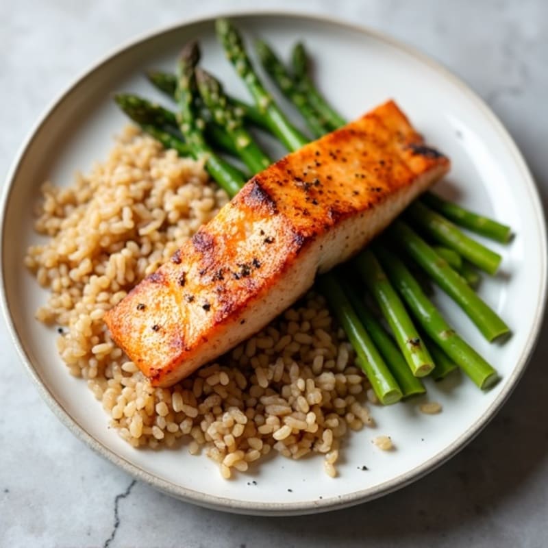 Seared Salmon with Steamed Asparagus and Brown Rice