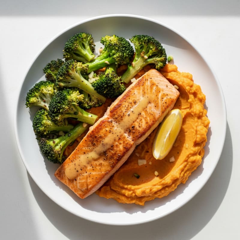 Seared Salmon with Roasted Broccoli and Sweet Potato Mash