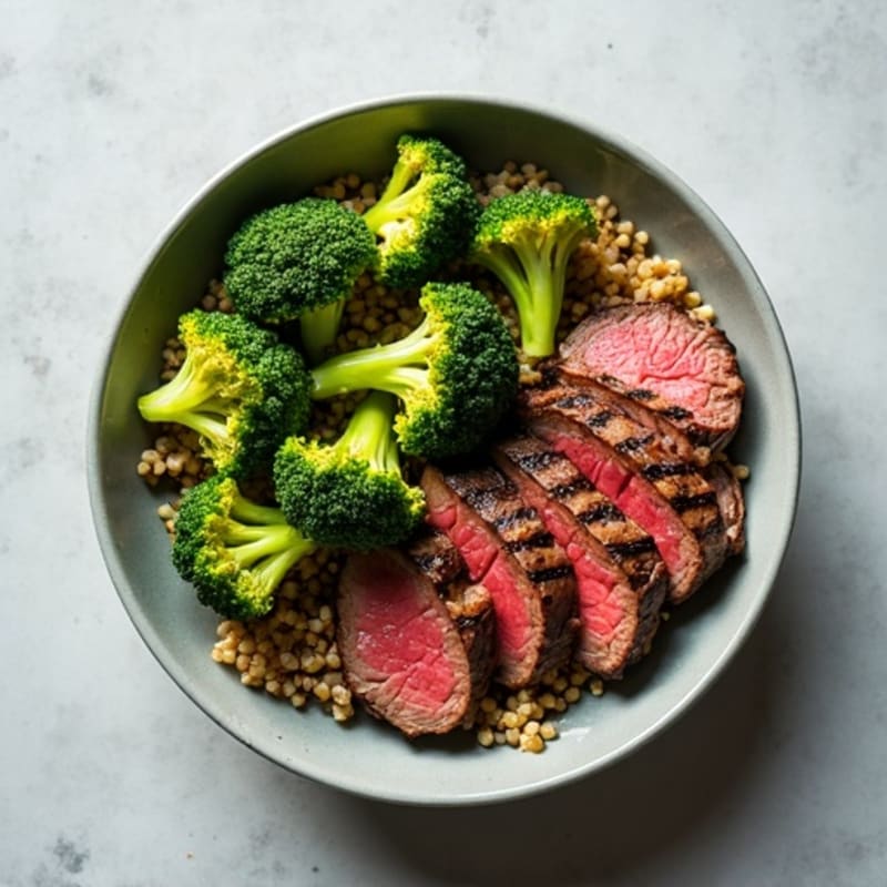 Grilled Steak and Roasted Broccoli Bowl with Quinoa