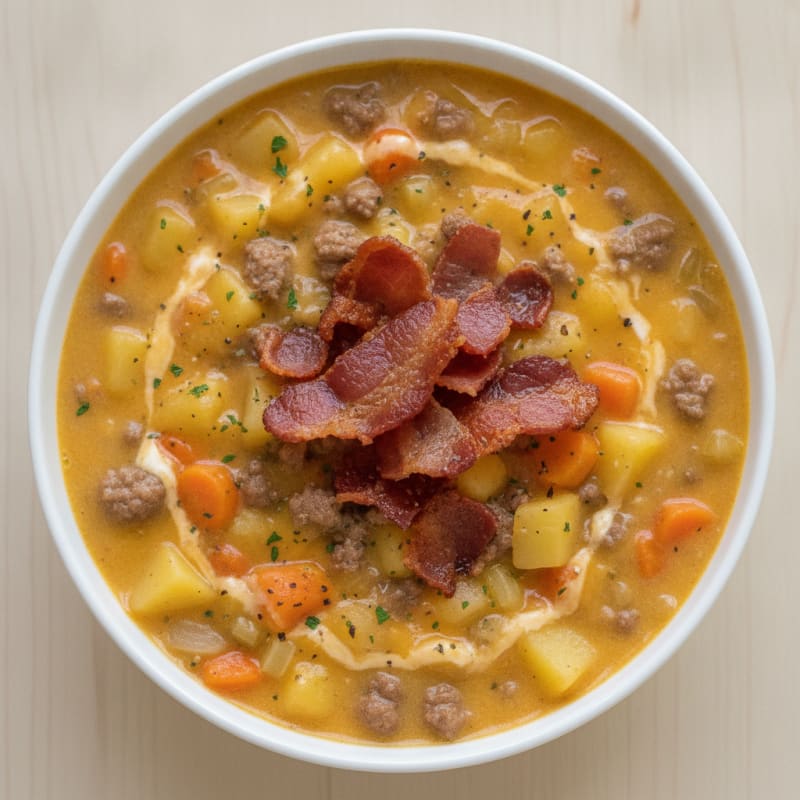 Hearty Cheeseburger Soup with Crispy Bacon