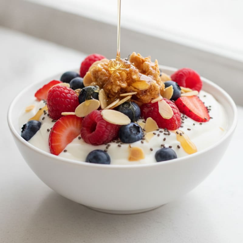 Greek Yogurt Protein Parfait with Mixed Berries and Almonds